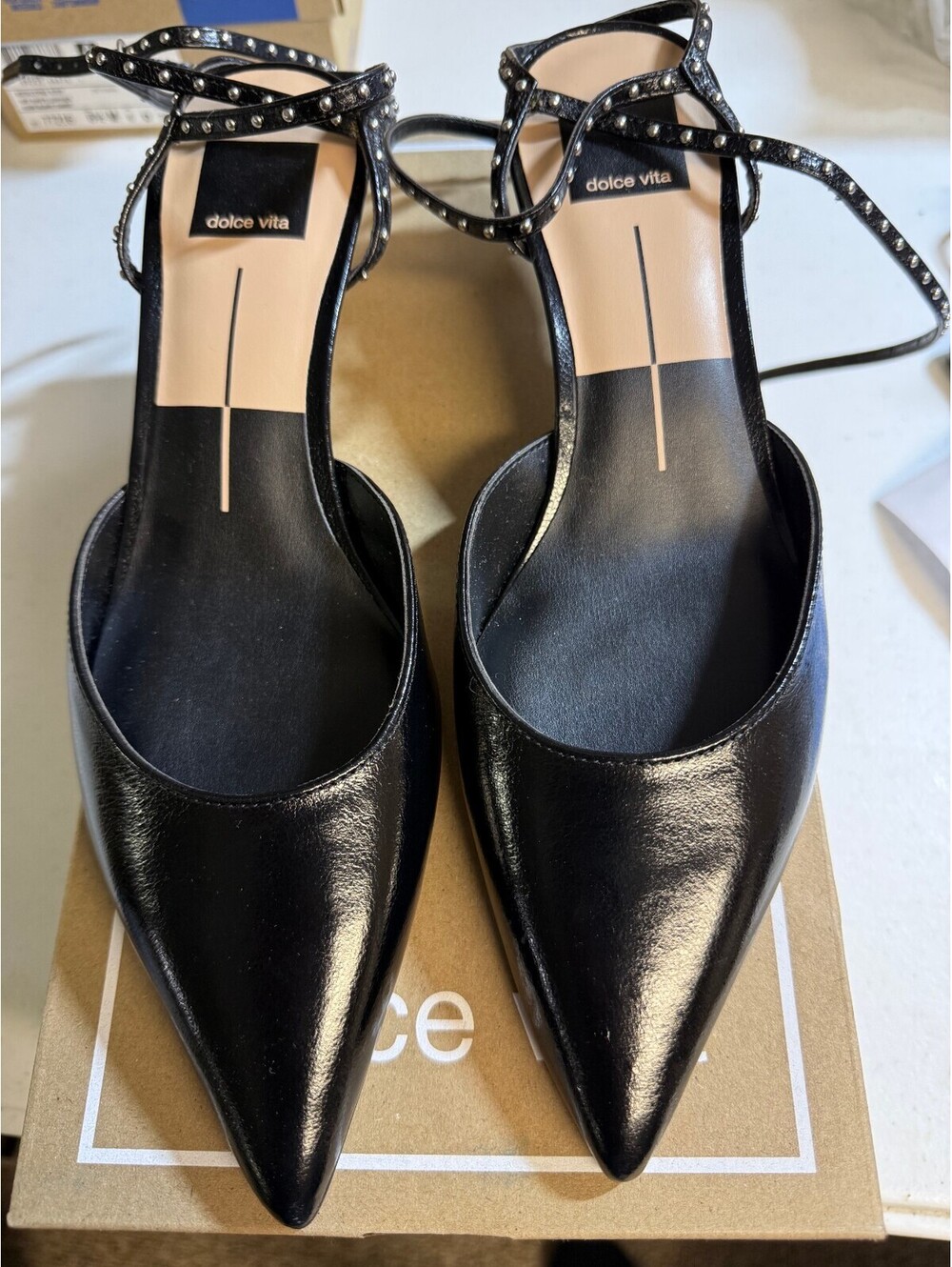 Dolce Vita Loklyn Stud Midnight Crinkle Patent Pointed Toe Heels Size 8